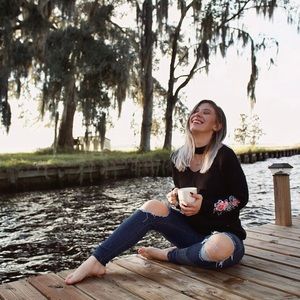 Black Floral Embroidered Sleeve Sweater